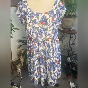 Scoop-Neck Midi Dress in White with Blue & Red Floral Print